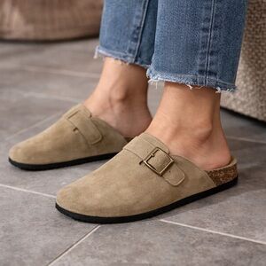 Khaki Suede Slip-On Clogs with Buckle | Comfort Cork Sole Mule Shoes